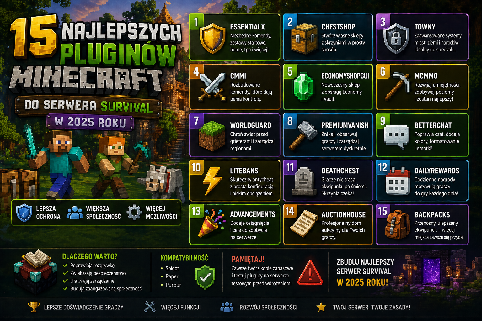 15 najlepszych pluginów Minecraft do serwera Survival w 2025