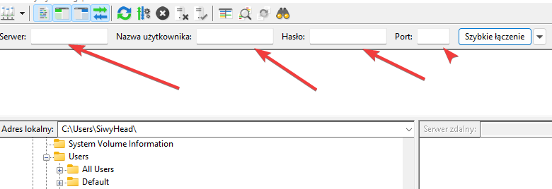 Okno logowania FileZilla
