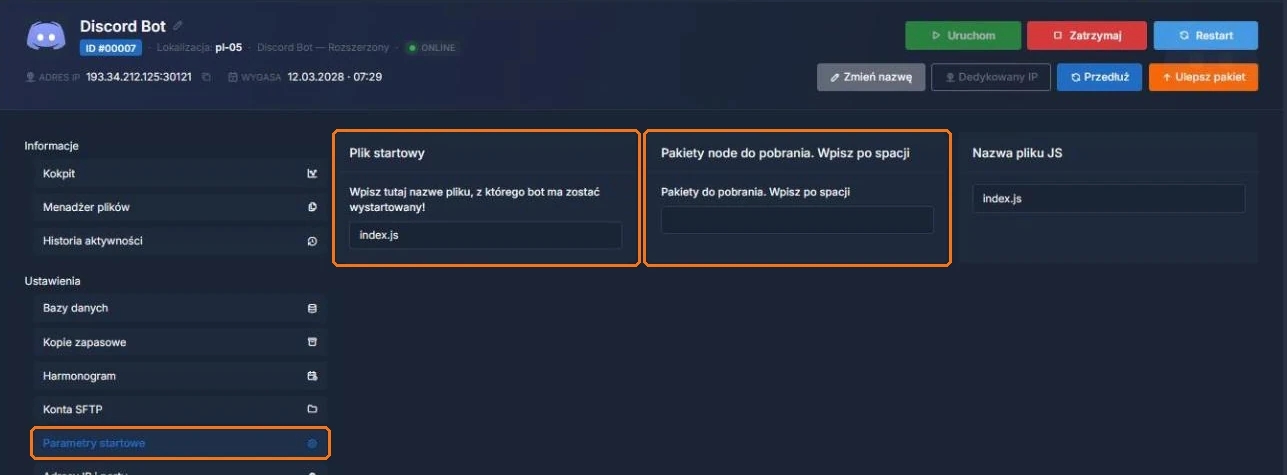 Parametry startowe bota Discord