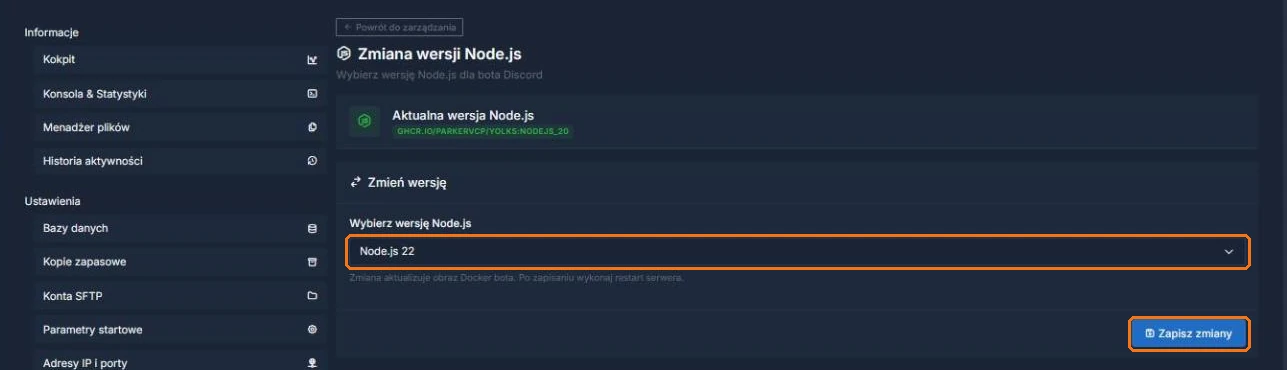Zmiana wersji Node.js