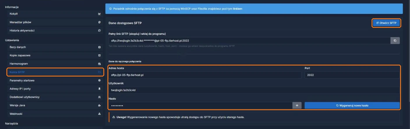 Dane dostępowe SFTP w panelu