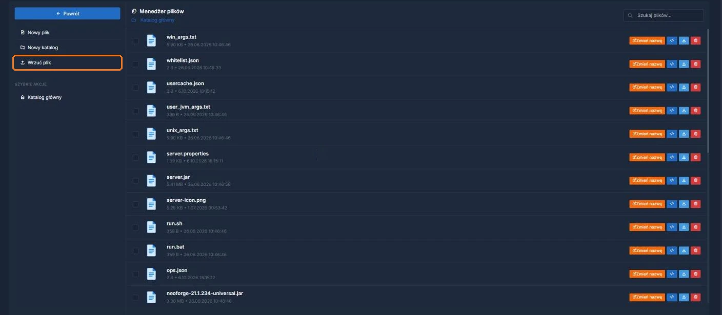 Menadżer plików w panelu