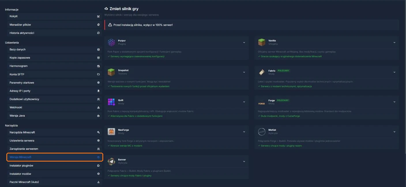 Wersja Minecraft w menu serwera