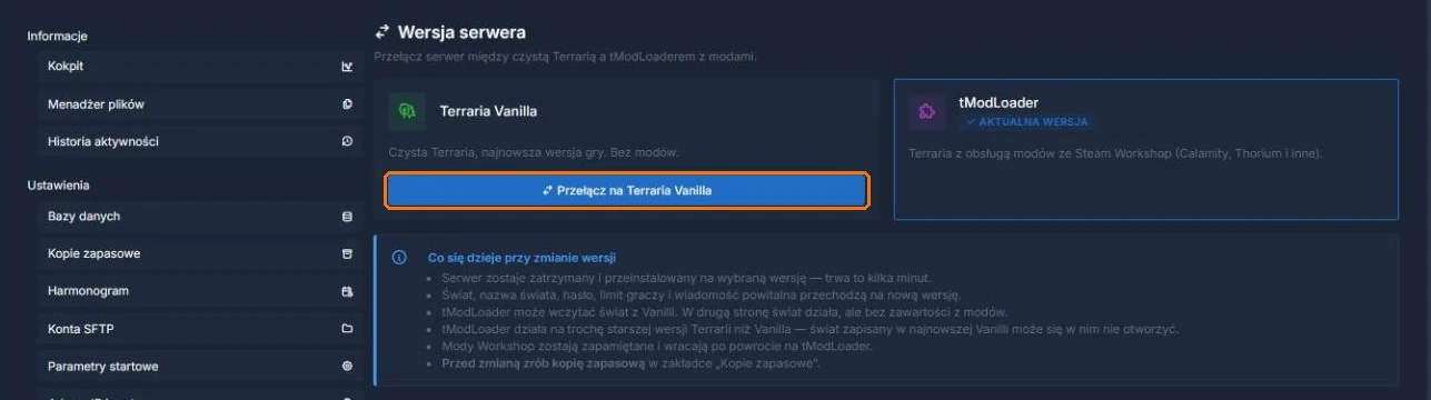 Wersja serwera Terraria w panelu
