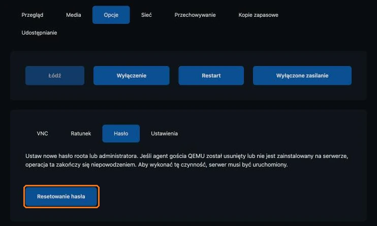 Reset hasła w panelu VPS