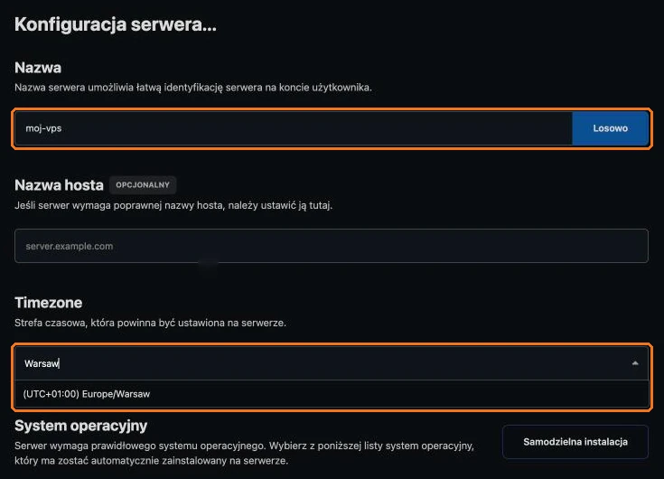 Nazwa serwera i strefa czasowa
