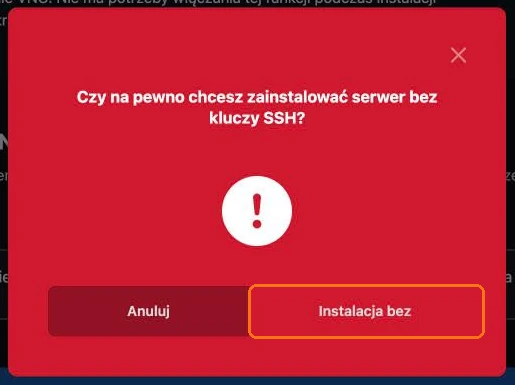 Potwierdzenie instalacji bez kluczy SSH