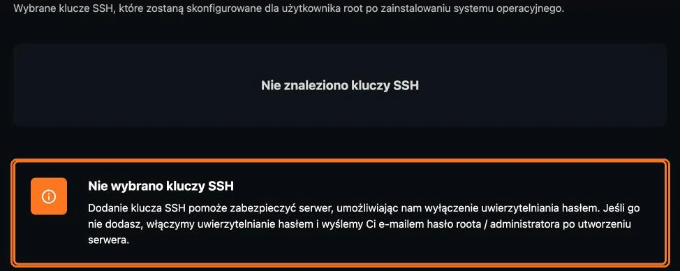 Sekcja kluczy SSH w kreatorze