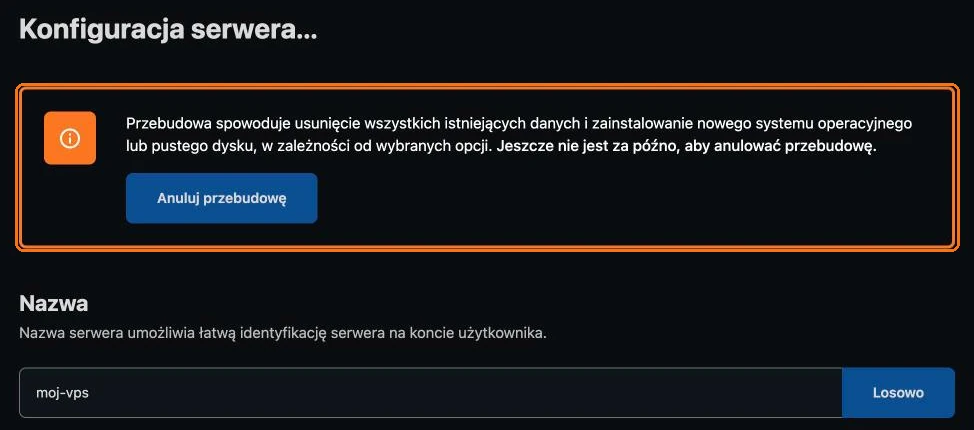 Kreator konfiguracji serwera z opcją anulowania przebudowy