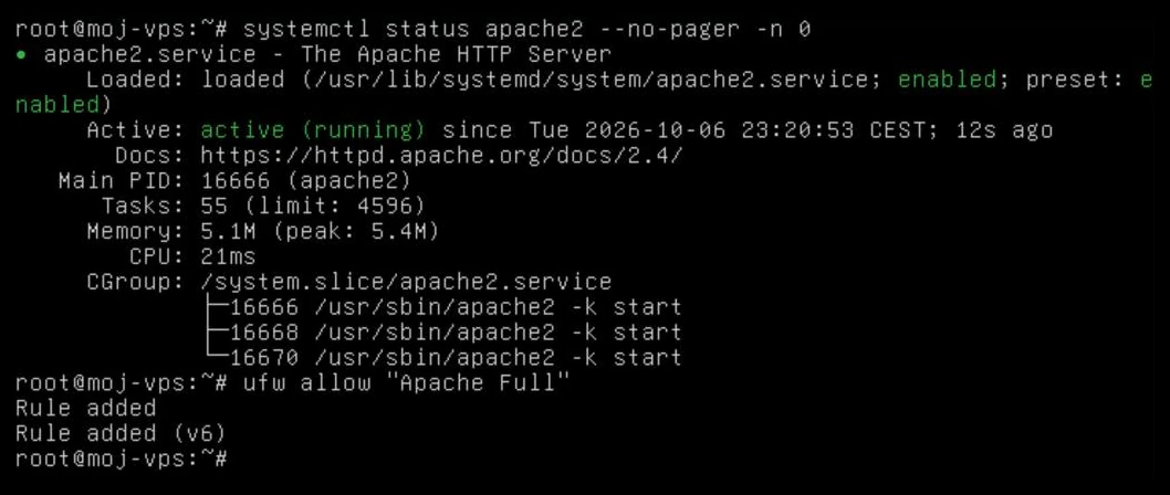 Status usługi Apache i reguła zapory