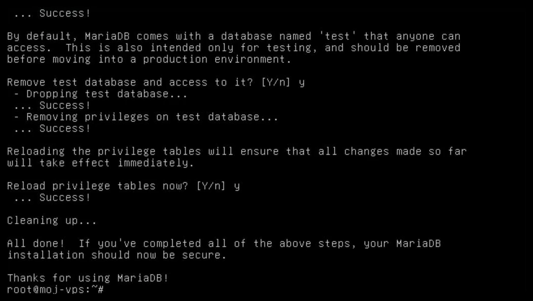 Kreator mysql_secure_installation - zakończenie