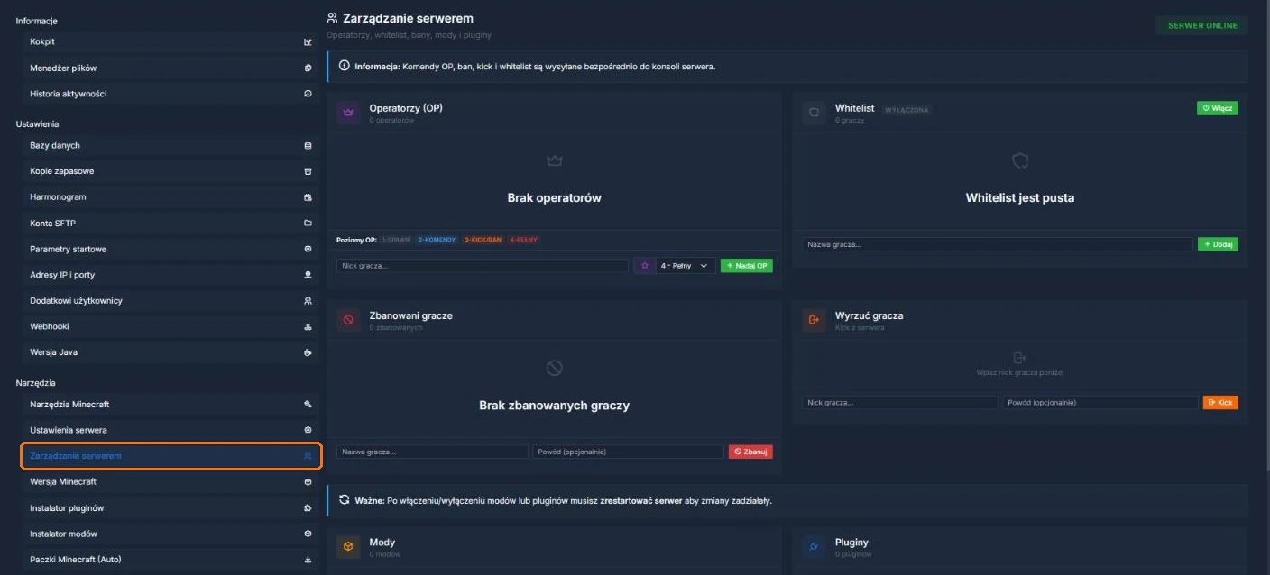 Zarządzanie serwerem - OP, whitelist, bany